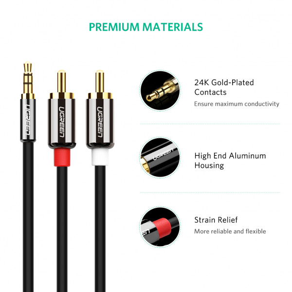 Аудіокабель UGREEN AV116 3.5mm Male to 2RCA Male, PVC, 1m Black (UGR-10749)