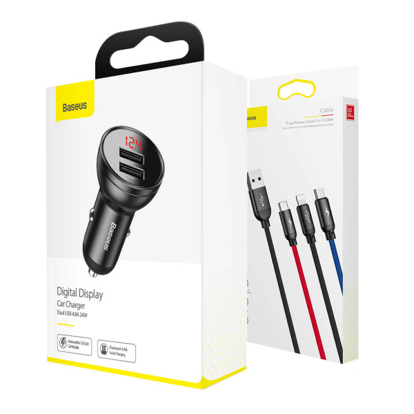 Автомобільний зарядний пристрій Baseus Digital Display Dual USB 4.8A Car Charger 24W+Three Primary Colors 3-in-1 Cable1.2M