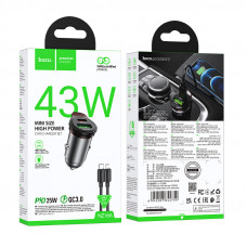 Автомобільний зарядний пристрій HOCO NZ16A Rigorous 43W dual port PD25W+QC3.0 car charger set(C to iP) Metal Grey (6942007644754)