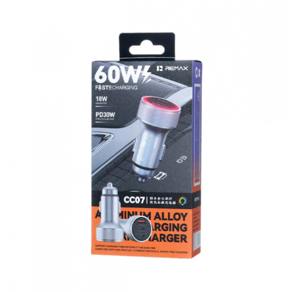 Автомобільний зарядний пристрій REMAX 60W Aluminum Alloy Colorful Light Fast Charging Car Charger CC07 Tarnish (6954851263449)