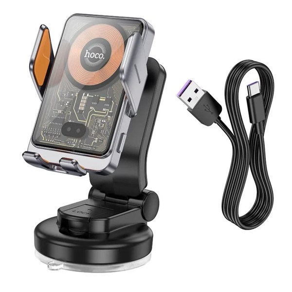 Автотримач для телефона з БЗП HOCO HW8 Transparent Discovery Edition wireless fast charging car holder(center console) Metal Gray
