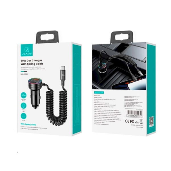 АЗП Usams US-CC167 C33 30W Car Charger With Spring Cable Black