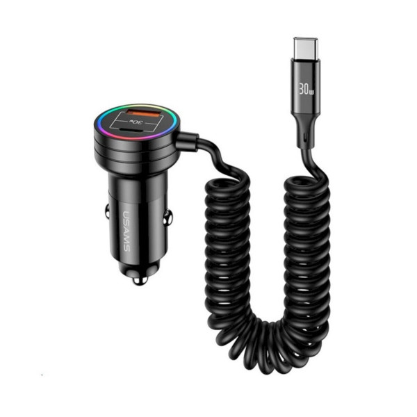 АЗП Usams US-CC167 C33 30W Car Charger With Spring Cable Black