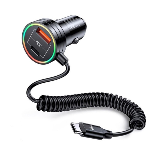 АЗП Usams US-CC167 C33 30W Car Charger With Spring Cable Black