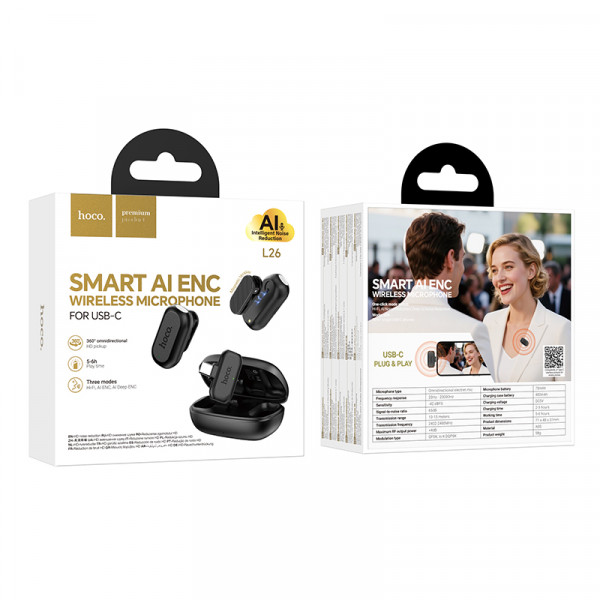 Бездротова мікрофонна система HOCO L26 Type-C Smart AI noise reduction wireless microphone Black (6942007677011)