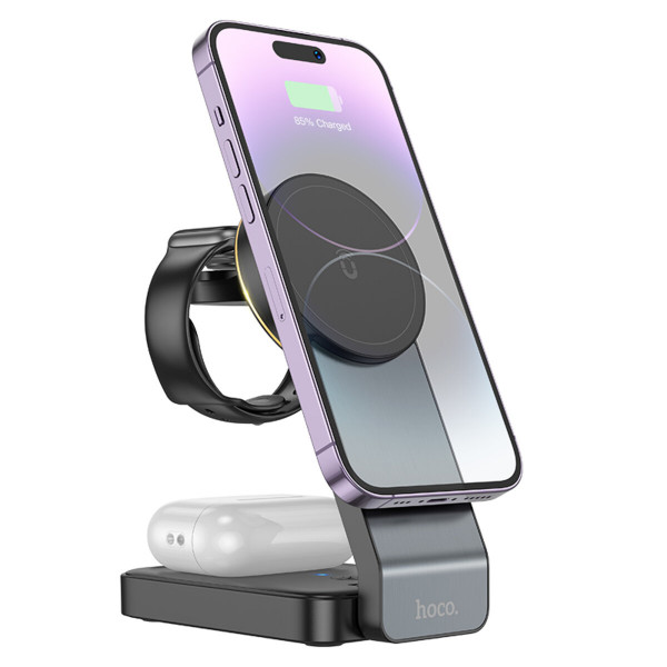 Бездротовий зарядний пристрій HOCO CQ3 Motorcycle folding 3-in-1 magnetic wireless fast charger Black