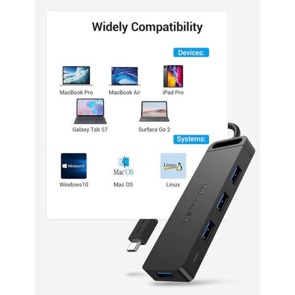 Хаб Vention Type-C to 4-Port USB 3.0 Hub with Power Supply Чорний 0.5M ABS Type