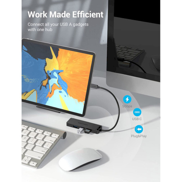 Хаб Vention Type-C to 4-Port USB 3.0 Hub with Power Supply Чорний 0.5M ABS Type