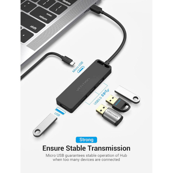 Хаб Vention Type-C to 4-Port USB 3.0 Hub with Power Supply Чорний 0.5M ABS Type