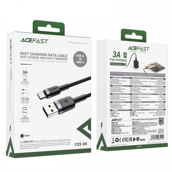 Кабель ACEFAST C22-04, USB to Type-C, 3A, 1.2m, Nylon Braid, Aluminum Alloy + TPE connectors, Black (6974316285144)