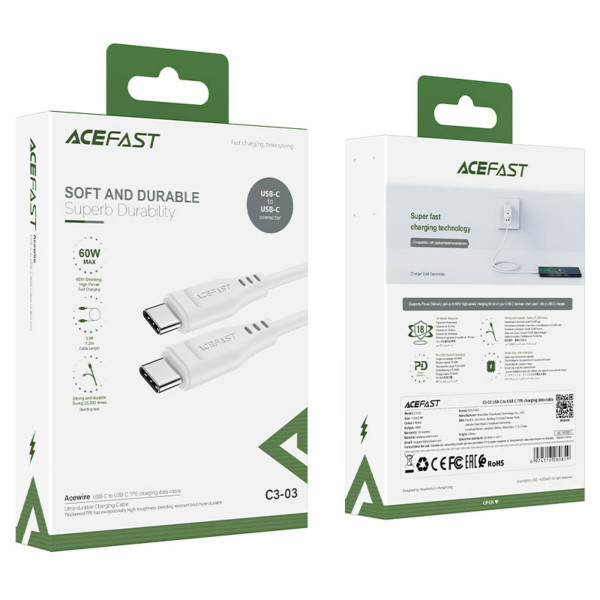 Кабель ACEFAST C3-03 Type-C to Type-C 3A, 60W, 1.2m, TPE, TPE connectors, Білий