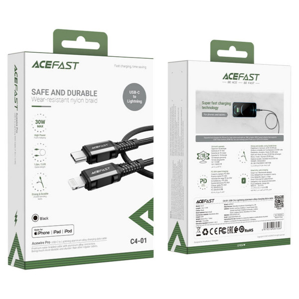 Кабель ACEFAST C4-01 Type-C to iP 3A, 30W, 1.8m, nylon, zinc connectors, Чорний