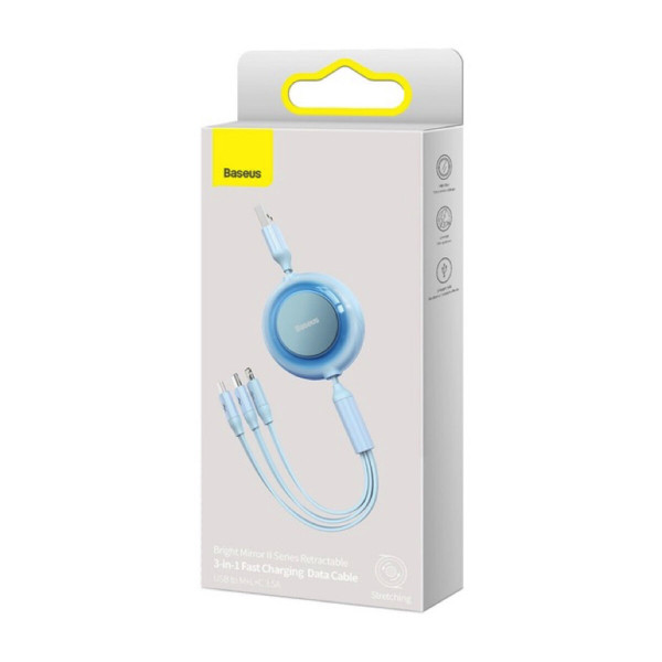 Кабель Baseus Bright Mirror 2 Series Retractable 3-in-1 Fast Charging Data Cable USB to M+L+C 3.5A 1.1m Sky Blue