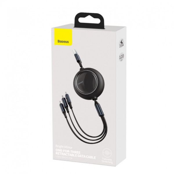 Кабель Baseus Bright Mirror One-for-three Retractable Data Cable USB to M+L+C 3.5A 1.2m Black