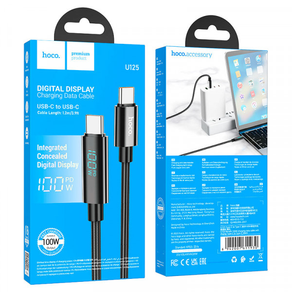 Кабель HOCO U125 Benefit 100W charging data cable with display Type-C to Type-C Black (6942007611930)