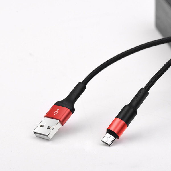 Кабель HOCO X26 USB to Micro 2A, 18W 1m, nylon, aluminum connectors, Black+Red