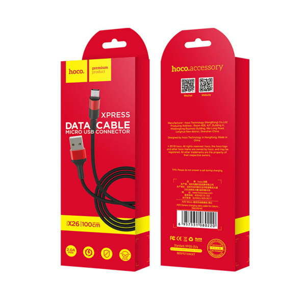 Кабель HOCO X26 USB to Micro 2A, 18W 1m, nylon, aluminum connectors, Black+Red