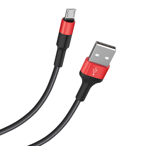 Кабель HOCO X26 USB to Micro 2A, 18W 1m, nylon, aluminum connectors, Black+Red