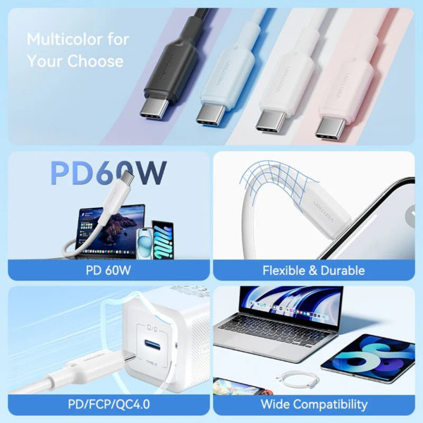 Кабель Vention USB 2.0 Type-C Male to Type-C Male 3A Cable 1M Чорний PVC Type
