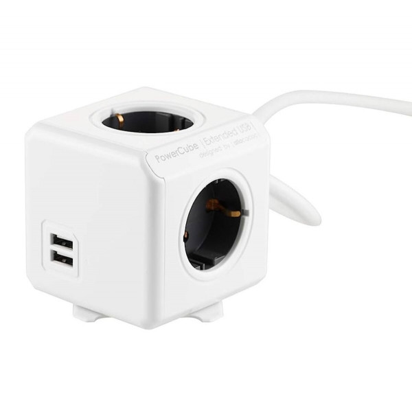 Мережевий подовжувач Allocacoc PowerCube Extended з заземленням 4 розетки 2 USB 1.5 м, сірий