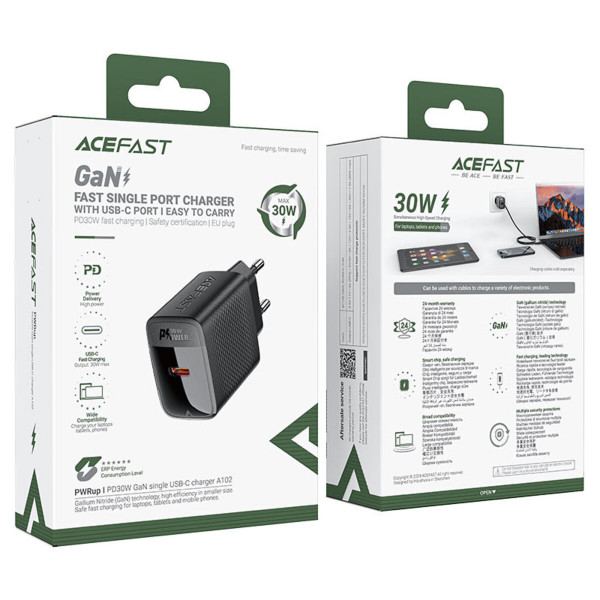 Мережевий зарядний пристрій ACEFAST A102 PD30W GaN single USB-C charger (EU) Чорний