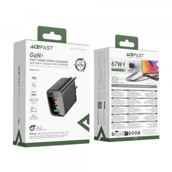 Мережевий зарядний пристрій ACEFAST A108 PD67W GaN (2*USB-C+USB-A) charger Black (6974316284048)