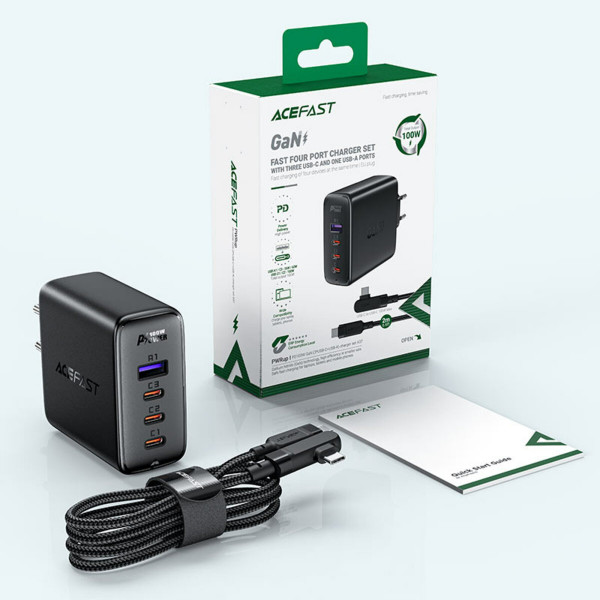 Мережевий зарядний пристрій ACEFAST A37 PD100W GaN (3*CUSB-C+USB-A) charger set Black