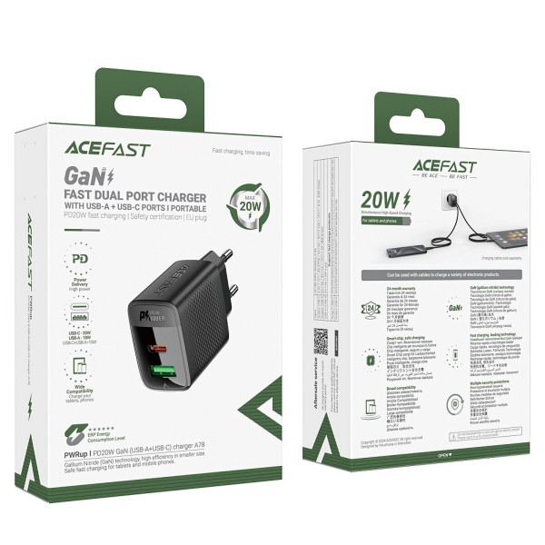 Мережевий зарядний пристрій ACEFAST A78 PD20W GaN (USB-A+USB-C) charger Чорний