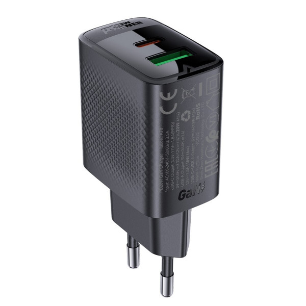 Мережевий зарядний пристрій ACEFAST A78 PD20W GaN (USB-A+USB-C) charger Чорний