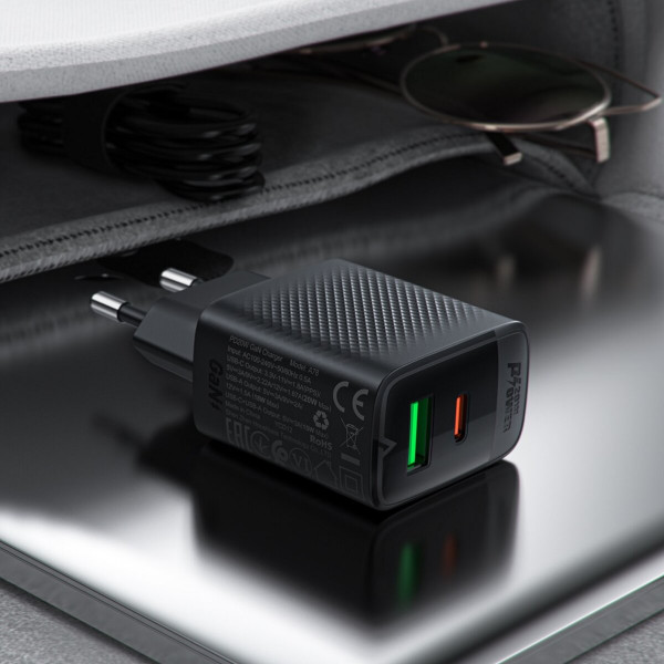 Мережевий зарядний пристрій ACEFAST A78 PD20W GaN (USB-A+USB-C) charger Чорний