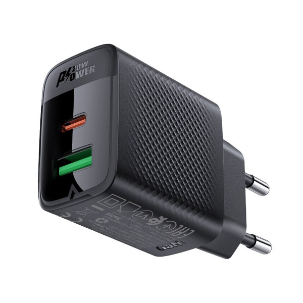 Мережевий зарядний пристрій ACEFAST A78 PD20W GaN (USB-A+USB-C) charger Чорний