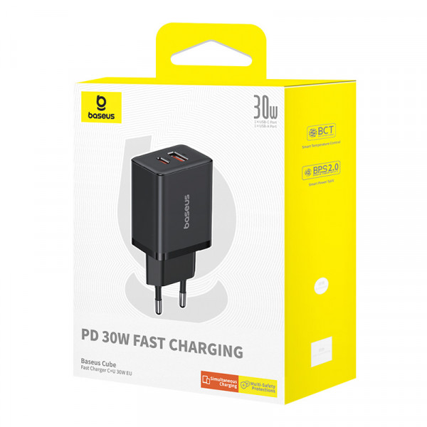 Мережевий зарядний пристрій Baseus Cube Fast Charger C+U 30W EU Cluster Black