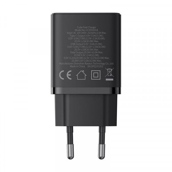 Мережевий зарядний пристрій Baseus Cube Fast Charger C+U 30W EU Cluster Black
