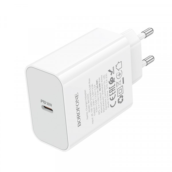 Мережевий зарядний пристрій BOROFONE BA107A Stellar single port PD30W charger (EU) White (6941991125348)
