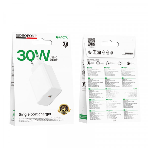 Мережевий зарядний пристрій BOROFONE BA107A Stellar single port PD30W charger (EU) White (6941991125348)