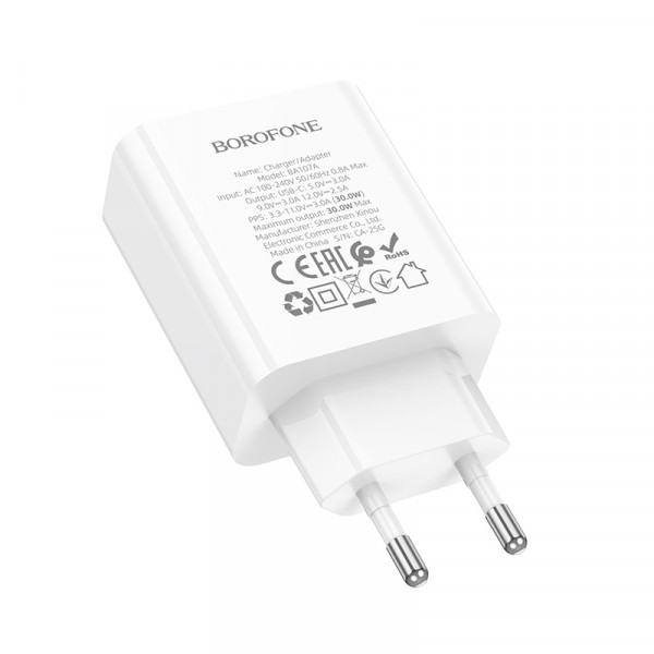 Мережевий зарядний пристрій BOROFONE BA107A Stellar single port PD30W charger (EU) White (6941991125348)