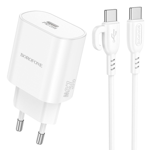 Мережевий зарядний пристрій BOROFONE BA82A Platinum single port PD25W charger set(C to C)(EU) Білий