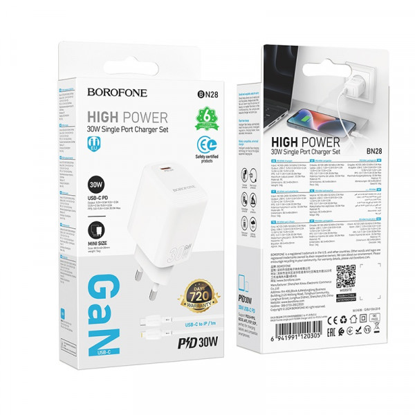 Мережевий зарядний пристрій BOROFONE BN28 Fuente single port PD30W charger (EU) White