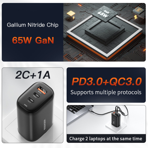 Мережевий зарядний пристрій Essager Shining 65W GaN Travelling Charger 2 Type-c+USB-A EU black (ECT2CA-MYB01)