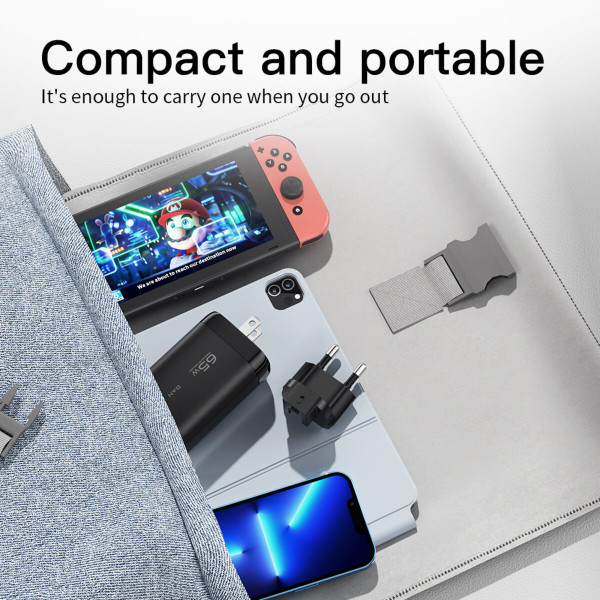 Мережевий зарядний пристрій Essager Shining 65W GaN Travelling Charger 2 Type-c+USB-A EU black (ECT2CA-MYB01)