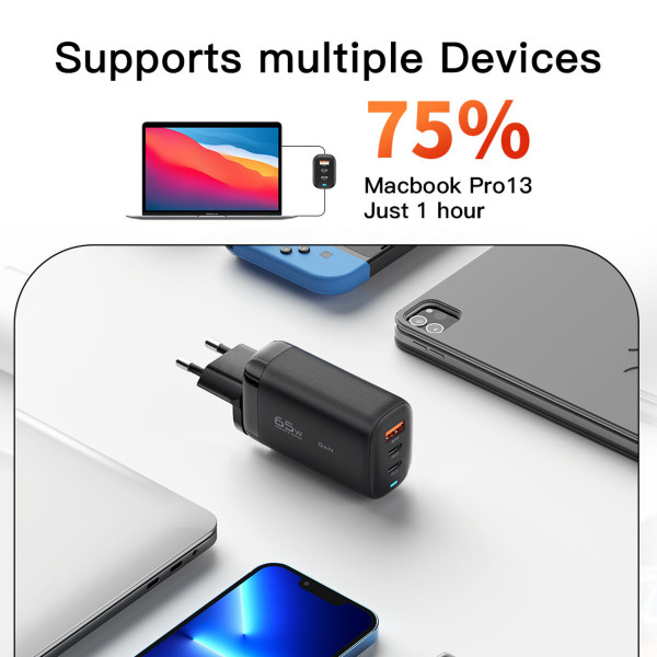 Мережевий зарядний пристрій Essager Shining 65W GaN Travelling Charger 2 Type-c+USB-A EU black (ECT2CA-MYB01)