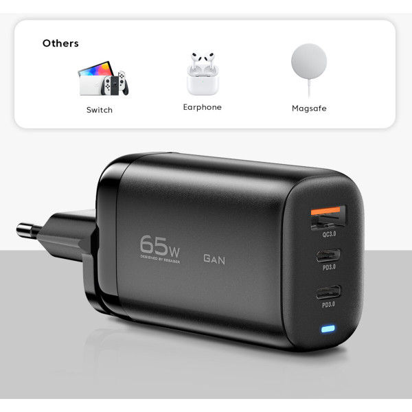 Мережевий зарядний пристрій Essager Shining 65W GaN Travelling Charger 2 Type-c+USB-A EU black (ECT2CA-MYB01)