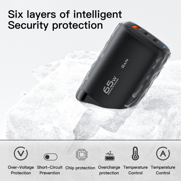 Мережевий зарядний пристрій Essager Shining 65W GaN Travelling Charger 2 Type-c+USB-A EU black (ECT2CA-MYB01)