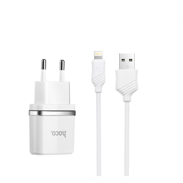 Мережевий зарядний пристрій HOCO C11 Smart single USB (iP cable) charger set 5W White (6957531047735)