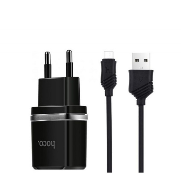 Мережевий зарядний пристрій HOCO C12 Smart dual USB (Micro cable)charger set 12W Black