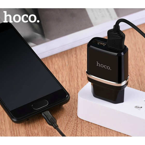 Мережевий зарядний пристрій HOCO C12 Smart dual USB (Micro cable)charger set 12W Black