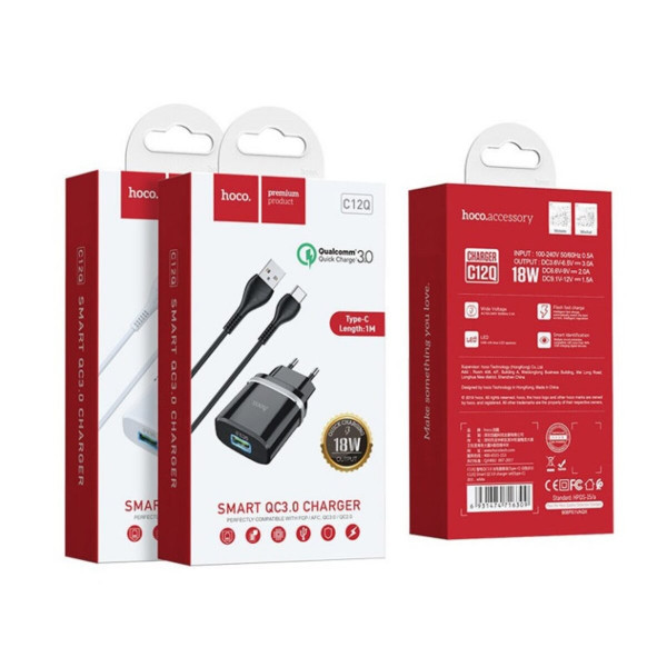 Мережевий зарядний пристрій HOCO C12Q Smart QC3.0 charger set(Type-C) 18W Чорний