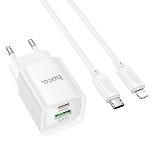 Мережевий зарядний пристрій HOCO C147A Charm PD20W+QC3.0 charger set (C to iP)(EU) White