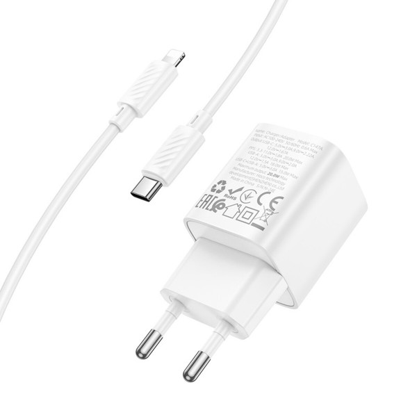 Мережевий зарядний пристрій HOCO C147A Charm PD20W+QC3.0 charger set (C to iP)(EU) White