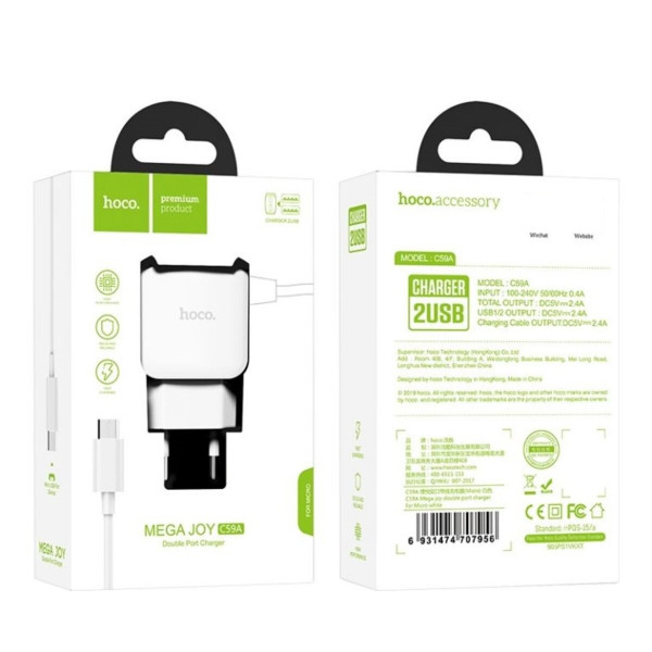 Мережевий зарядний пристрій HOCO C59A Mega joy double port charger for Micro 10.5W White